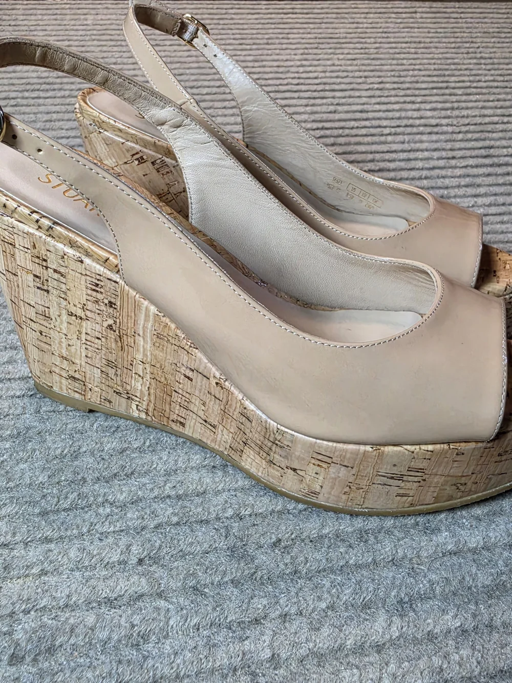 Stuart Weitzman peep toe wedge heels nude shiny cork, size 8.5, 3.5